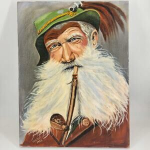 Vintage Signed Oil on Canvas Painting Grey Hair Old Man Man pipe Ingrid